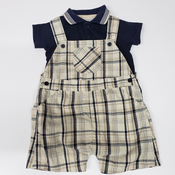 FAO SCHWARZ  BOYS 2 PIECE PLAID OVERALL SHORT SET - Picture 1 of 6
